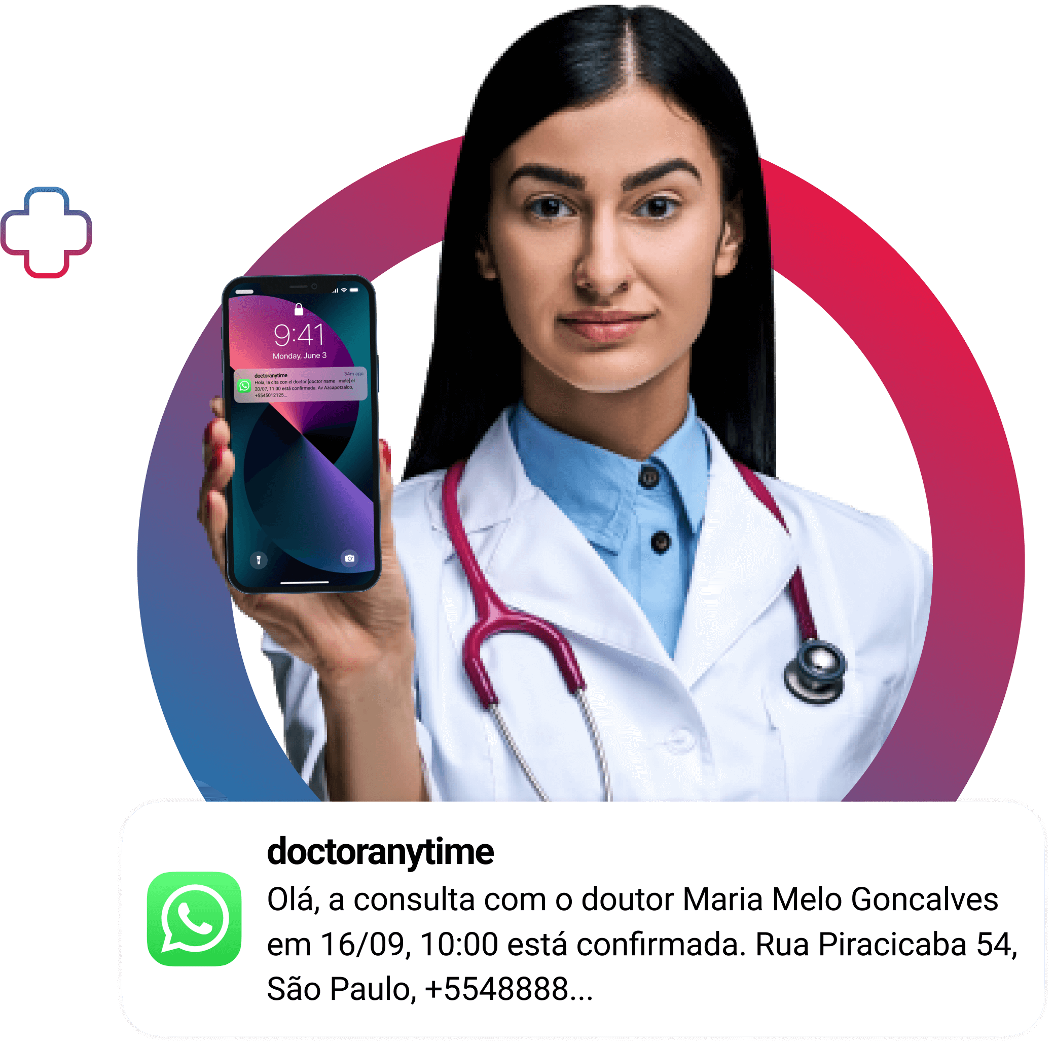 Médica contente mostrando seu celular com mensagem de confirmação da sua próxima consulta pelo doctoranytime