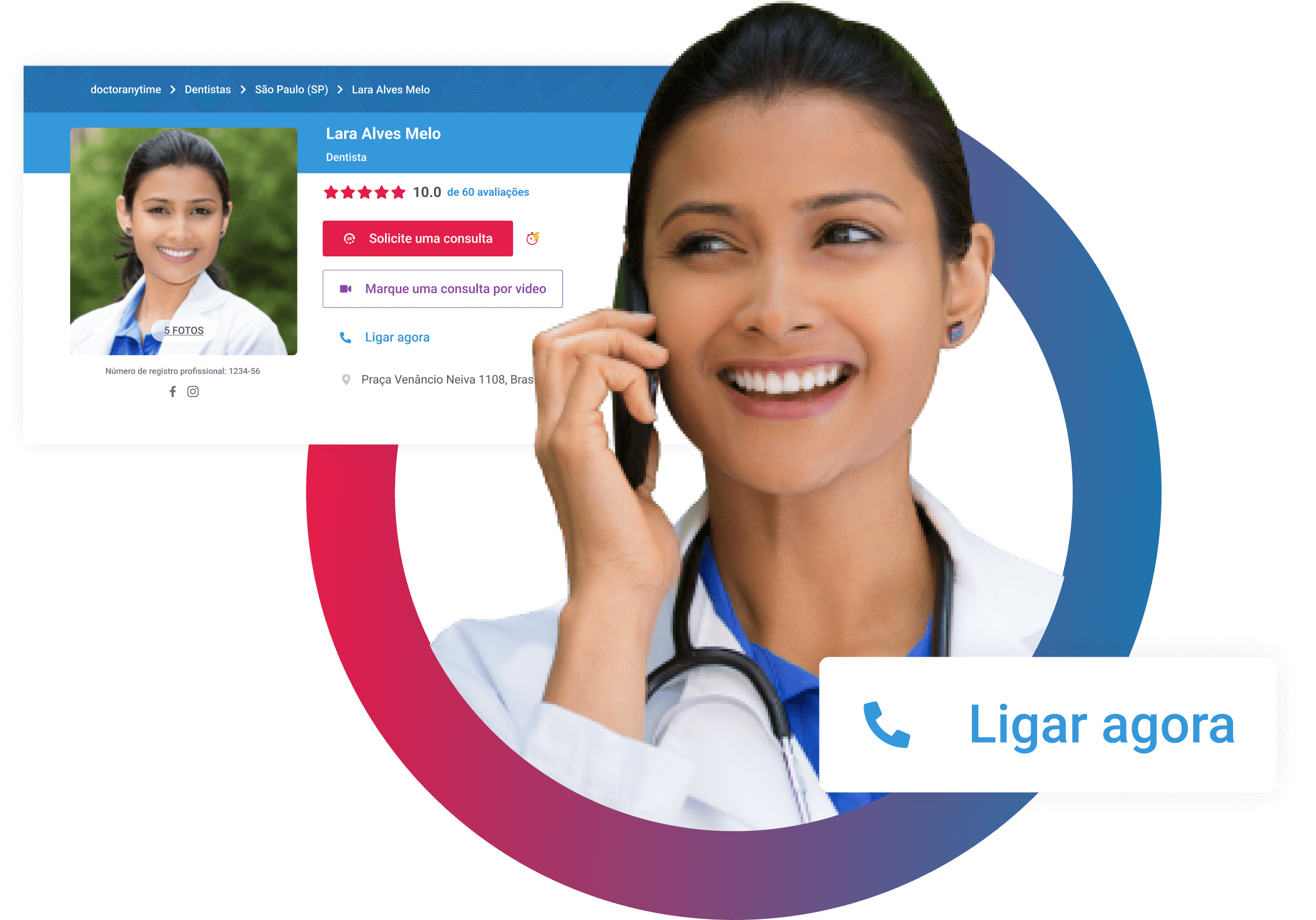 Dentista feliz fazendo uma chamada VOIP pela plataforma do doctoranytime